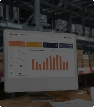 Sweaka Dashboard displayed on a computer in a warehouse setting, enabling smooth warehouse management and logistics.